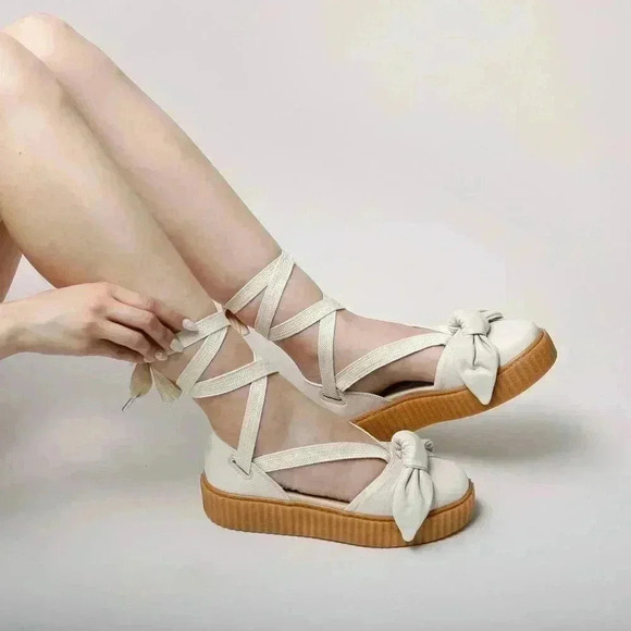 FENTY PUMA Women's 8.5 The Bow Creeper Sandals Cream Leather Lace Up Flatform - Picture 1 of 16